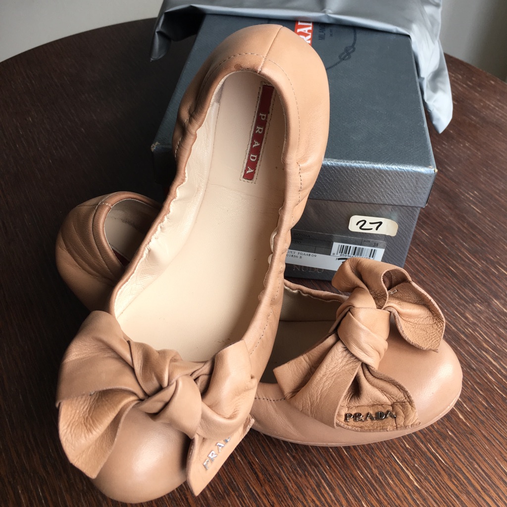 Prada Beige Ballet Flats With Top Ribbon,Size Eu38